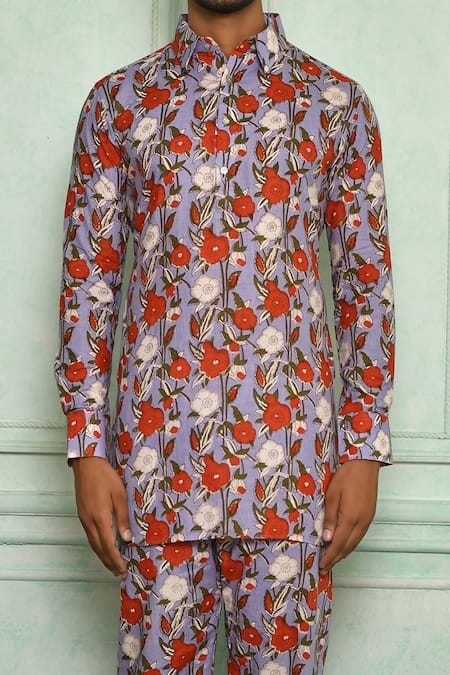 Shop_Pranay Baidya_Purple Cotton Printed Floral Kurta Set _Online_at_Aza_Fashions
