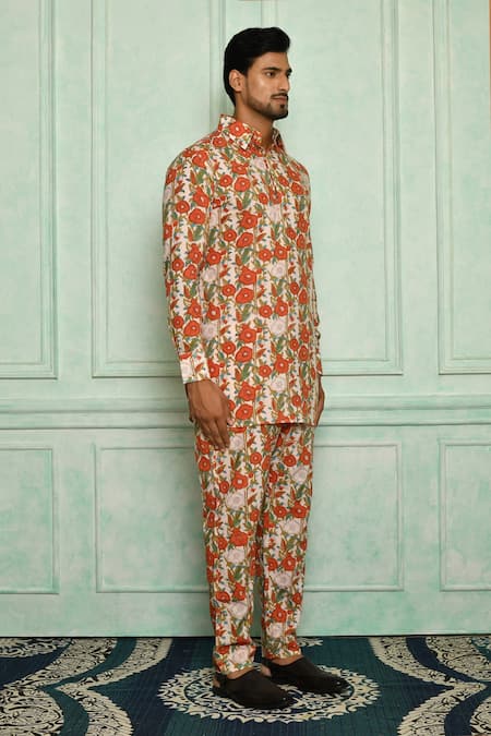 Pranay Baidya Peach , Malai Floral Print Kurta Set Online at Aza Fashions Pranay Baidya_Peach , Malai Floral Print Kurta Set _Online_at_Aza_Fashions