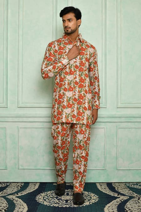 Pranay Baidya Peach Cotton Printed Floral Kurta Set 