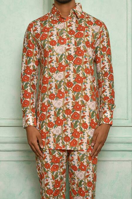 Shop Pranay Baidya Peach , Malai Floral Print Kurta Set Online at Aza Fashions Shop_Pranay Baidya_Peach , Malai Floral Print Kurta Set _Online_at_Aza_Fashions