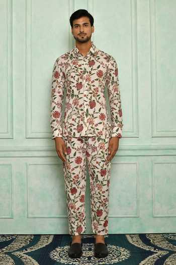Buy_Pranay Baidya_White Cotton Printed Jaali Shirt And Pant Set _Online_at_Aza_Fashions
