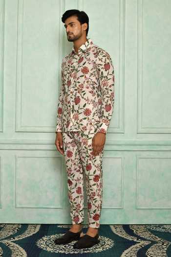 Pranay Baidya_White Cotton Printed Jaali Shirt And Pant Set _Online_at_Aza_Fashions