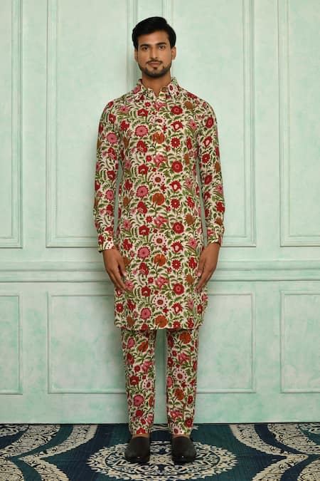 Buy_Pranay Baidya_White Cotton Printed Floral Kurta Set _Online_at_Aza_Fashions
