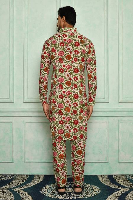 Shop_Pranay Baidya_White Cotton Printed Floral Kurta Set _at_Aza_Fashions