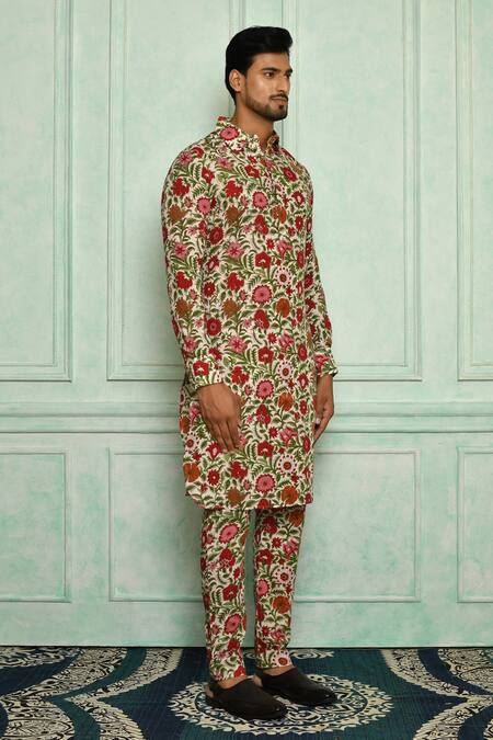 Pranay Baidya_White Cotton Printed Floral Kurta Set _Online_at_Aza_Fashions