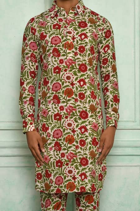 Shop_Pranay Baidya_White Cotton Printed Floral Kurta Set _Online_at_Aza_Fashions