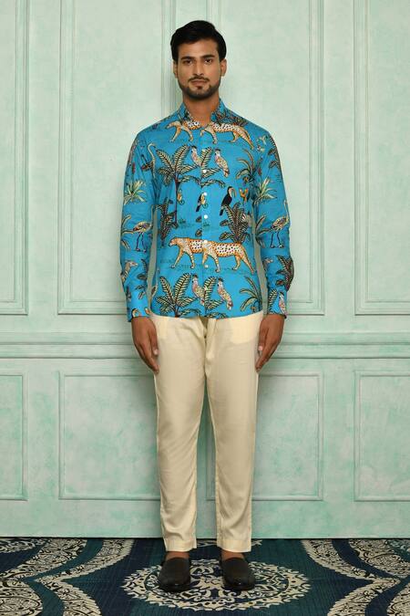 Buy Pranay Baidya Blue , Malai Bird, Tiger And Print Shirt Pant Set Online at Aza Fashions Buy_Pranay Baidya_Blue , Malai Bird, Tiger And Print Shirt Pant Set _Online_at_Aza_Fashions