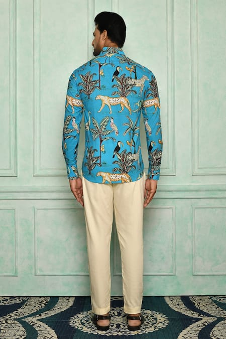 Shop Pranay Baidya Blue , Malai Bird, Tiger And Print Shirt Pant Set at Aza Fashions Shop_Pranay Baidya_Blue , Malai Bird, Tiger And Print Shirt Pant Set _at_Aza_Fashions