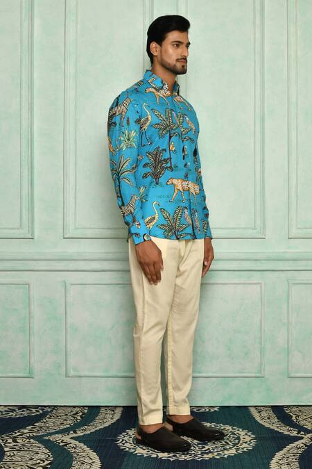Pranay Baidya Blue , Malai Bird, Tiger And Print Shirt Pant Set Online at Aza Fashions Pranay Baidya_Blue , Malai Bird, Tiger And Print Shirt Pant Set _Online_at_Aza_Fashions