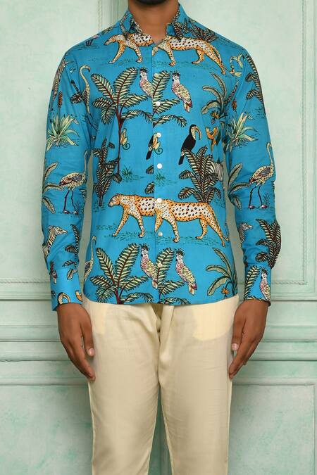 Shop Pranay Baidya Blue , Malai Bird, Tiger And Print Shirt Pant Set Online at Aza Fashions Shop_Pranay Baidya_Blue , Malai Bird, Tiger And Print Shirt Pant Set _Online_at_Aza_Fashions