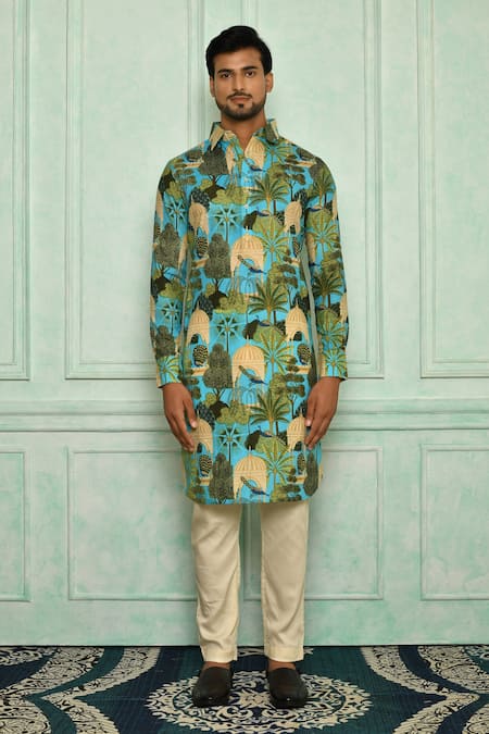 Buy Pranay Baidya Blue , Malai Peacock, Garden Print Kurta Set Online at Aza Fashions Buy_Pranay Baidya_Blue , Malai Peacock, Garden Print Kurta Set _Online_at_Aza_Fashions