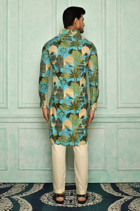 Shop Pranay Baidya Blue , Malai Peacock, Garden Print Kurta Set at Aza Fashions Shop_Pranay Baidya_Blue , Malai Peacock, Garden Print Kurta Set _at_Aza_Fashions