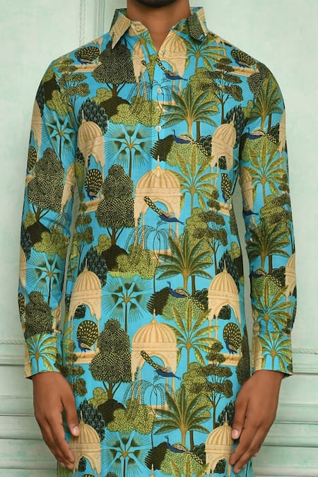 Shop Pranay Baidya Blue , Malai Peacock, Garden Print Kurta Set Online at Aza Fashions Shop_Pranay Baidya_Blue , Malai Peacock, Garden Print Kurta Set _Online_at_Aza_Fashions