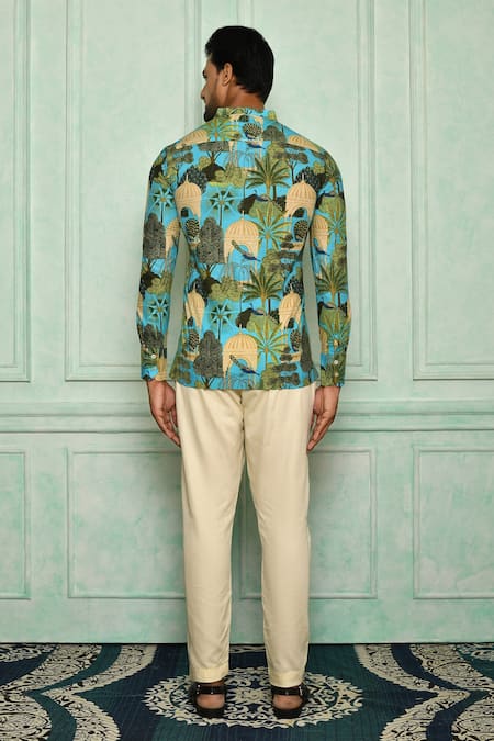 Shop Pranay Baidya Blue , Malai Peacock, Garden Print Short Kurta Set at Aza Fashions Shop_Pranay Baidya_Blue , Malai Peacock, Garden Print Short Kurta Set _at_Aza_Fashions