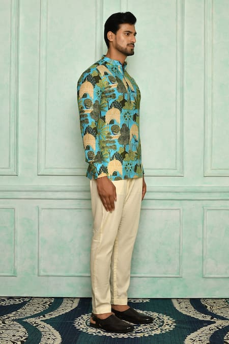 Pranay Baidya Blue , Malai Peacock, Garden Print Short Kurta Set Online at Aza Fashions Pranay Baidya_Blue , Malai Peacock, Garden Print Short Kurta Set _Online_at_Aza_Fashions