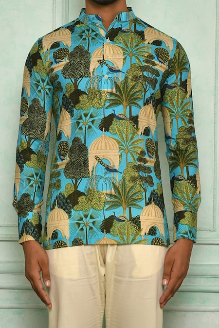 Shop Pranay Baidya Blue , Malai Peacock, Garden Print Short Kurta Set Online at Aza Fashions Shop_Pranay Baidya_Blue , Malai Peacock, Garden Print Short Kurta Set _Online_at_Aza_Fashions