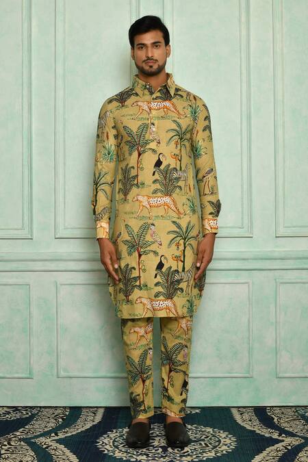 Buy Pranay Baidya Green Cotton Bird, Tiger And Print Kurta Set Online at Aza Fashions Buy_Pranay Baidya_Green Cotton Bird, Tiger And Print Kurta Set _Online_at_Aza_Fashions