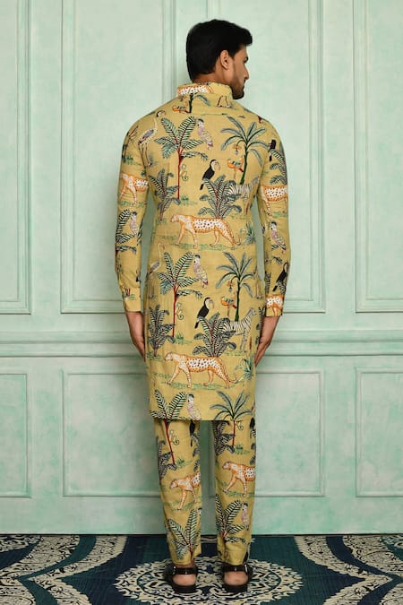 Shop Pranay Baidya Green Cotton Bird, Tiger And Print Kurta Set at Aza Fashions Shop_Pranay Baidya_Green Cotton Bird, Tiger And Print Kurta Set _at_Aza_Fashions