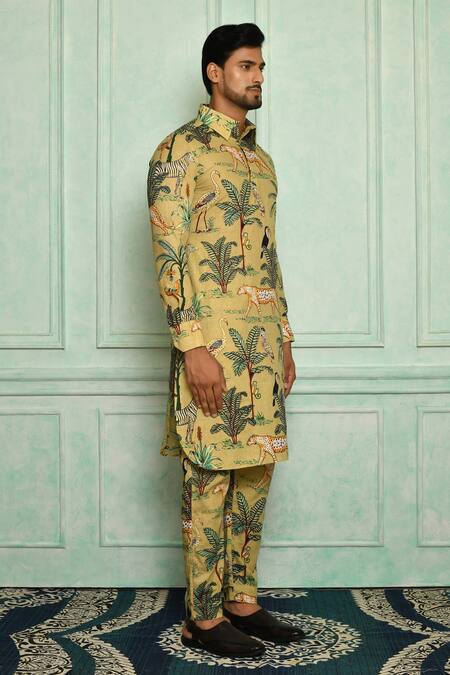 Pranay Baidya Green Cotton Bird, Tiger And Print Kurta Set Online at Aza Fashions Pranay Baidya_Green Cotton Bird, Tiger And Print Kurta Set _Online_at_Aza_Fashions