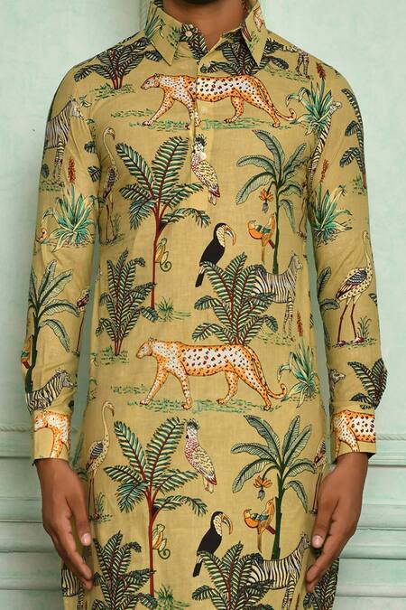 Shop Pranay Baidya Green Cotton Bird, Tiger And Print Kurta Set Online at Aza Fashions Shop_Pranay Baidya_Green Cotton Bird, Tiger And Print Kurta Set _Online_at_Aza_Fashions
