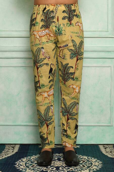 Pranay Baidya Green Cotton Bird, Tiger And Print Kurta Set at Aza Fashions Pranay Baidya_Green Cotton Bird, Tiger And Print Kurta Set _at_Aza_Fashions