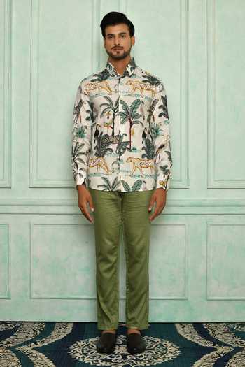 Buy_Pranay Baidya_White Cotton Printed Tiger And Bird Shirt Pant Set _Online_at_Aza_Fashions