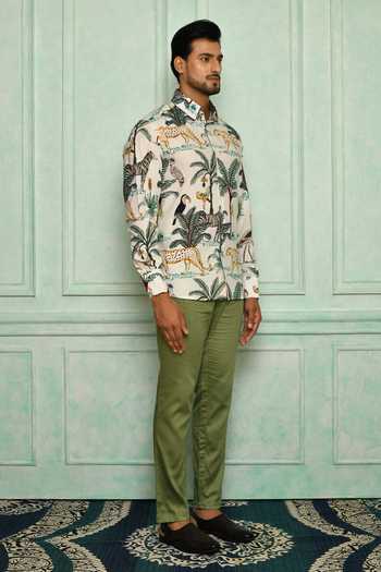 Pranay Baidya_White Cotton Printed Tiger And Bird Shirt Pant Set _Online_at_Aza_Fashions
