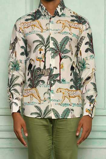 Shop_Pranay Baidya_White Cotton Printed Tiger And Bird Shirt Pant Set _Online_at_Aza_Fashions