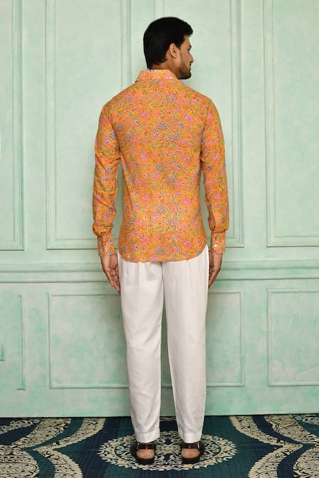 Shop Pranay Baidya Orange , Malai Floral Print Shirt And Pant Set at Aza Fashions Shop_Pranay Baidya_Orange , Malai Floral Print Shirt And Pant Set _at_Aza_Fashions