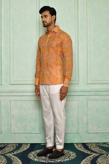 Pranay Baidya Orange , Malai Floral Print Shirt And Pant Set Online at Aza Fashions Pranay Baidya_Orange , Malai Floral Print Shirt And Pant Set _Online_at_Aza_Fashions