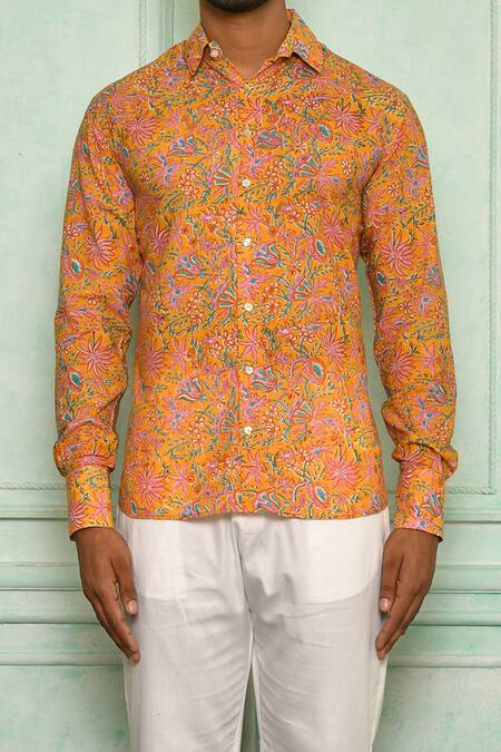 Shop Pranay Baidya Orange , Malai Floral Print Shirt And Pant Set Online at Aza Fashions Shop_Pranay Baidya_Orange , Malai Floral Print Shirt And Pant Set _Online_at_Aza_Fashions