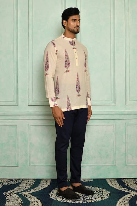 Pranay Baidya White , Malai Mughal Print Short Kurta Set Online at Aza Fashions Pranay Baidya_White , Malai Mughal Print Short Kurta Set _Online_at_Aza_Fashions