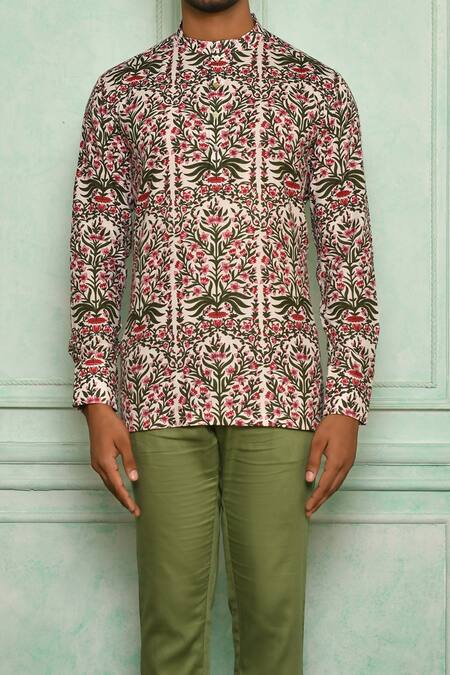 Shop Pranay Baidya White , Malai Mughal Print Short Kurta Set Online at Aza Fashions Shop_Pranay Baidya_White , Malai Mughal Print Short Kurta Set _Online_at_Aza_Fashions