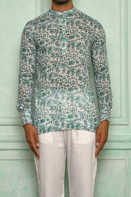 Shop Pranay Baidya Green , Malai Floral Print Short Kurta Set Online at Aza Fashions Shop_Pranay Baidya_Green , Malai Floral Print Short Kurta Set _Online_at_Aza_Fashions