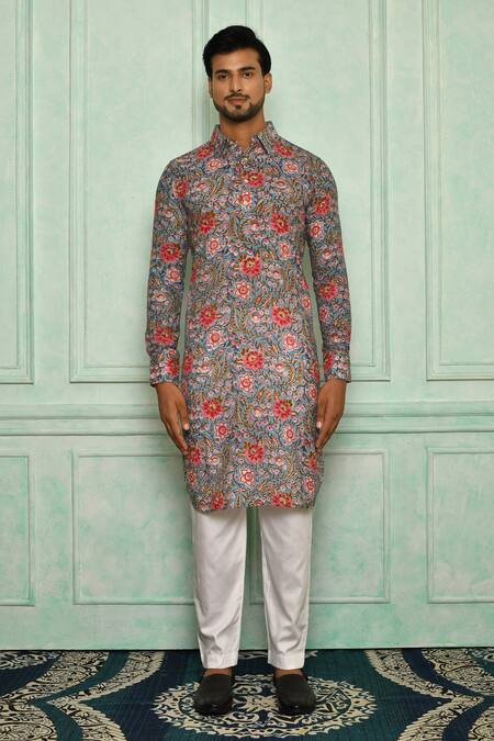 Buy Pranay Baidya Blue , Malai Floral Print Kurta Set Online at Aza Fashions Buy_Pranay Baidya_Blue , Malai Floral Print Kurta Set _Online_at_Aza_Fashions