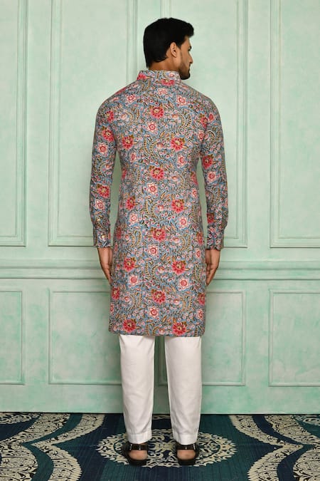 Shop Pranay Baidya Blue , Malai Floral Print Kurta Set at Aza Fashions Shop_Pranay Baidya_Blue , Malai Floral Print Kurta Set _at_Aza_Fashions