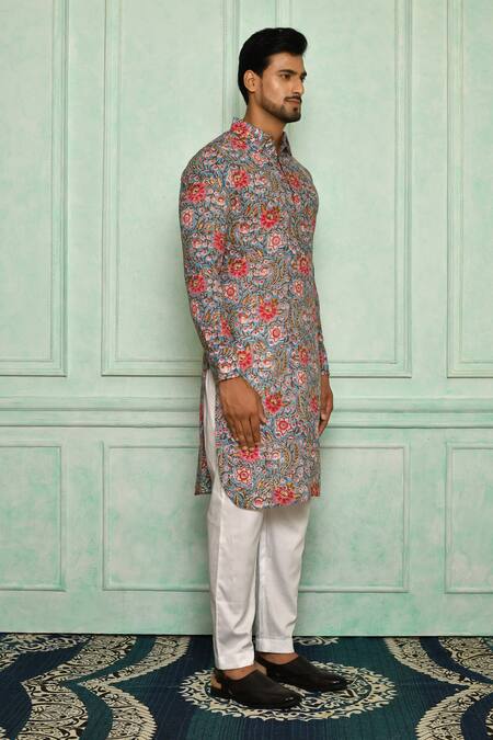 Pranay Baidya Blue , Malai Floral Print Kurta Set Online at Aza Fashions Pranay Baidya_Blue , Malai Floral Print Kurta Set _Online_at_Aza_Fashions