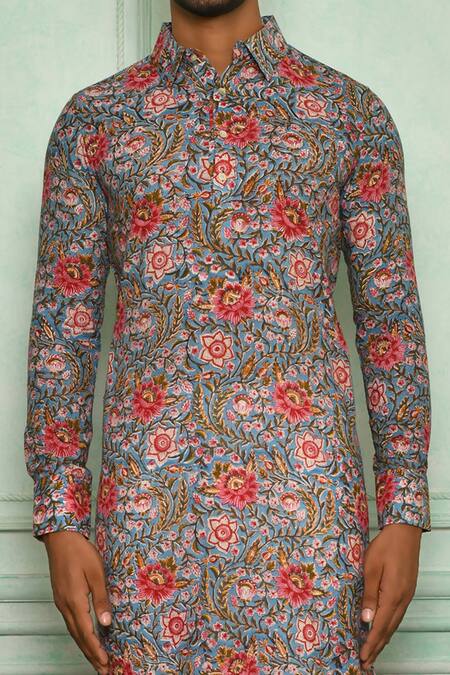 Shop Pranay Baidya Blue , Malai Floral Print Kurta Set Online at Aza Fashions Shop_Pranay Baidya_Blue , Malai Floral Print Kurta Set _Online_at_Aza_Fashions