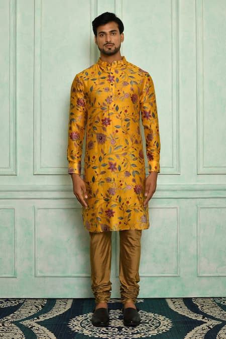 Buy_Pranay Baidya_Yellow Chanderi Printed Floral Kurta Set _Online_at_Aza_Fashions