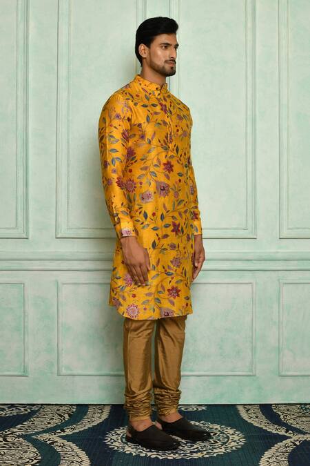 Pranay Baidya_Yellow Chanderi Printed Floral Kurta Set _Online_at_Aza_Fashions