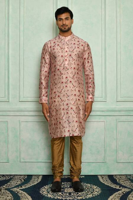Shop Pranay Baidya Pink Cotton, Chanderi Floral Print Kurta Set Online at Aza Fashions Shop_Pranay Baidya_Pink Cotton, Chanderi Floral Print Kurta Set _Online_at_Aza_Fashions