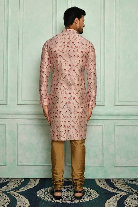 Shop Pranay Baidya Pink Cotton, Chanderi Floral Print Kurta Set at Aza Fashions Shop_Pranay Baidya_Pink Cotton, Chanderi Floral Print Kurta Set _at_Aza_Fashions