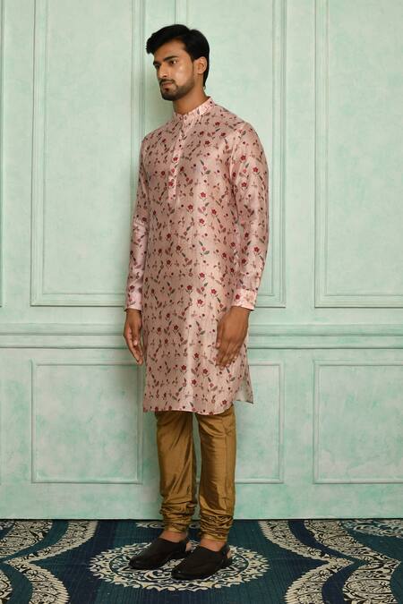 Pranay Baidya Pink Cotton, Chanderi Floral Print Kurta Set Online at Aza Fashions Pranay Baidya_Pink Cotton, Chanderi Floral Print Kurta Set _Online_at_Aza_Fashions