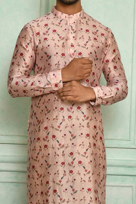 Pranay Baidya Pink Cotton, Chanderi Floral Print Kurta Set at Aza Fashions Pranay Baidya_Pink Cotton, Chanderi Floral Print Kurta Set _at_Aza_Fashions
