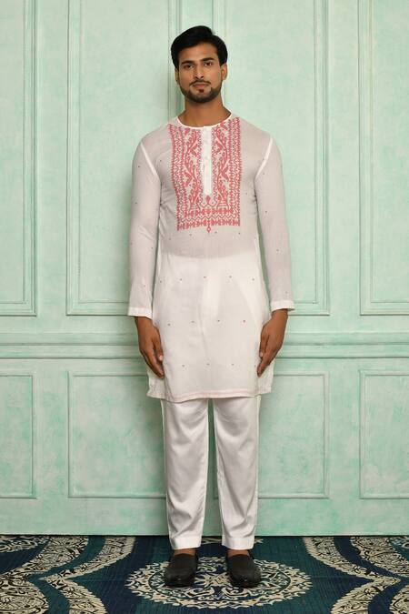 Buy Pranay Baidya White Jamdani, Malai Geometric Floral Pattern Kurta Set Online at Aza Fashions Buy_Pranay Baidya_White Jamdani, Malai Geometric Floral Pattern Kurta Set _Online_at_Aza_Fashions