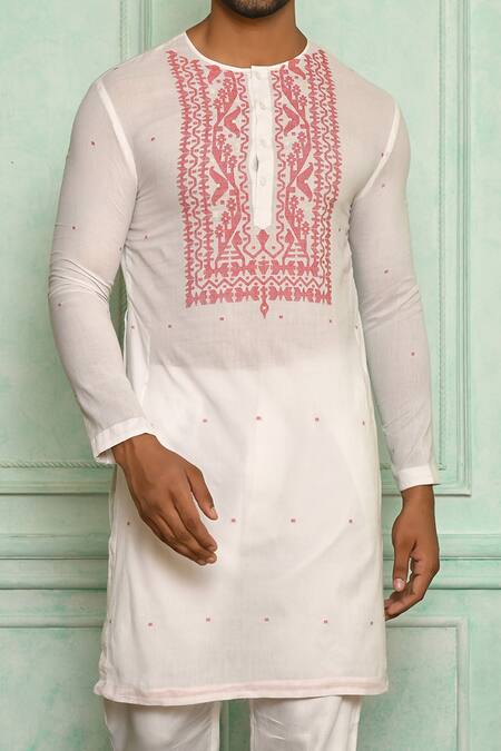 Shop Pranay Baidya White Jamdani, Malai Geometric Floral Pattern Kurta Set Online at Aza Fashions Shop_Pranay Baidya_White Jamdani, Malai Geometric Floral Pattern Kurta Set _Online_at_Aza_Fashions