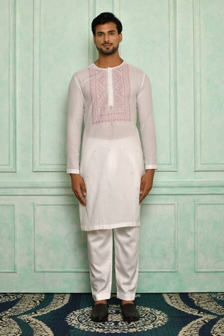 Buy Pranay Baidya White Jamdani, Malai Geometric Floral Pattern Kurta Set Online at Aza Fashions Buy_Pranay Baidya_White Jamdani, Malai Geometric Floral Pattern Kurta Set _Online_at_Aza_Fashions