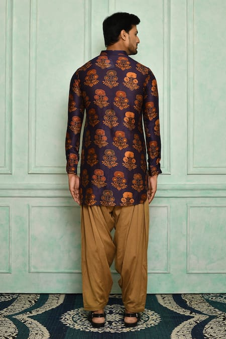 Shop Pranay Baidya Blue Chanderi, Cotton Silk Mughal Print Kurta Set at Aza Fashions Shop_Pranay Baidya_Blue Chanderi, Cotton Silk Mughal Print Kurta Set _at_Aza_Fashions