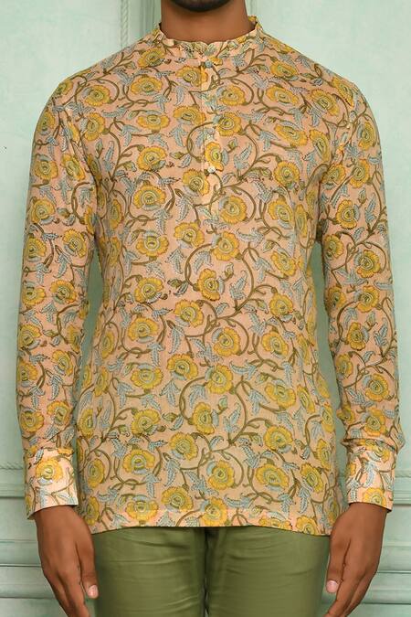 Shop Pranay Baidya Beige , Malai Floral Print Short Kurta Set Online at Aza Fashions Shop_Pranay Baidya_Beige , Malai Floral Print Short Kurta Set _Online_at_Aza_Fashions