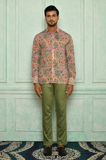 Shop Pranay Baidya Orange , Malai Floral Print Shirt And Pant Set at Aza Fashions Shop_Pranay Baidya_Orange , Malai Floral Print Shirt And Pant Set _at_Aza_Fashions